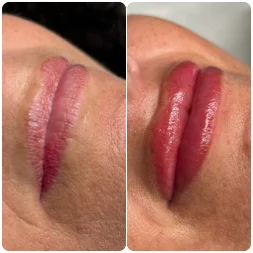 Before and after photos of Salon Essential performing lip blush services on a client